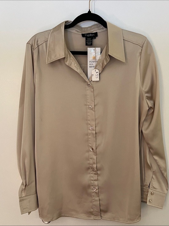 Papillon Tops - Papillon Blanc Satin-Effect Button Front Blouse in Beige
